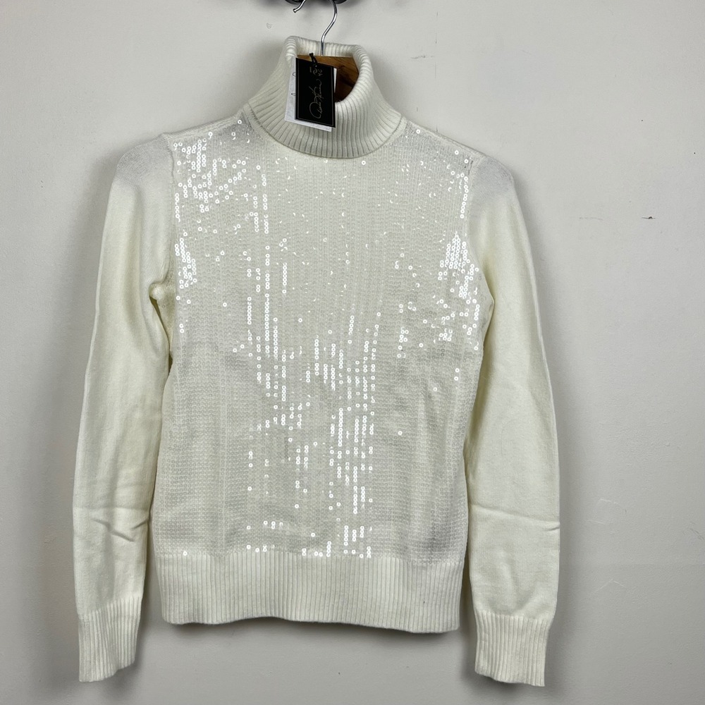 DG2 Diane Gilman SoftEase Sequin Turtleneck Sweater Ivory White XS NEW